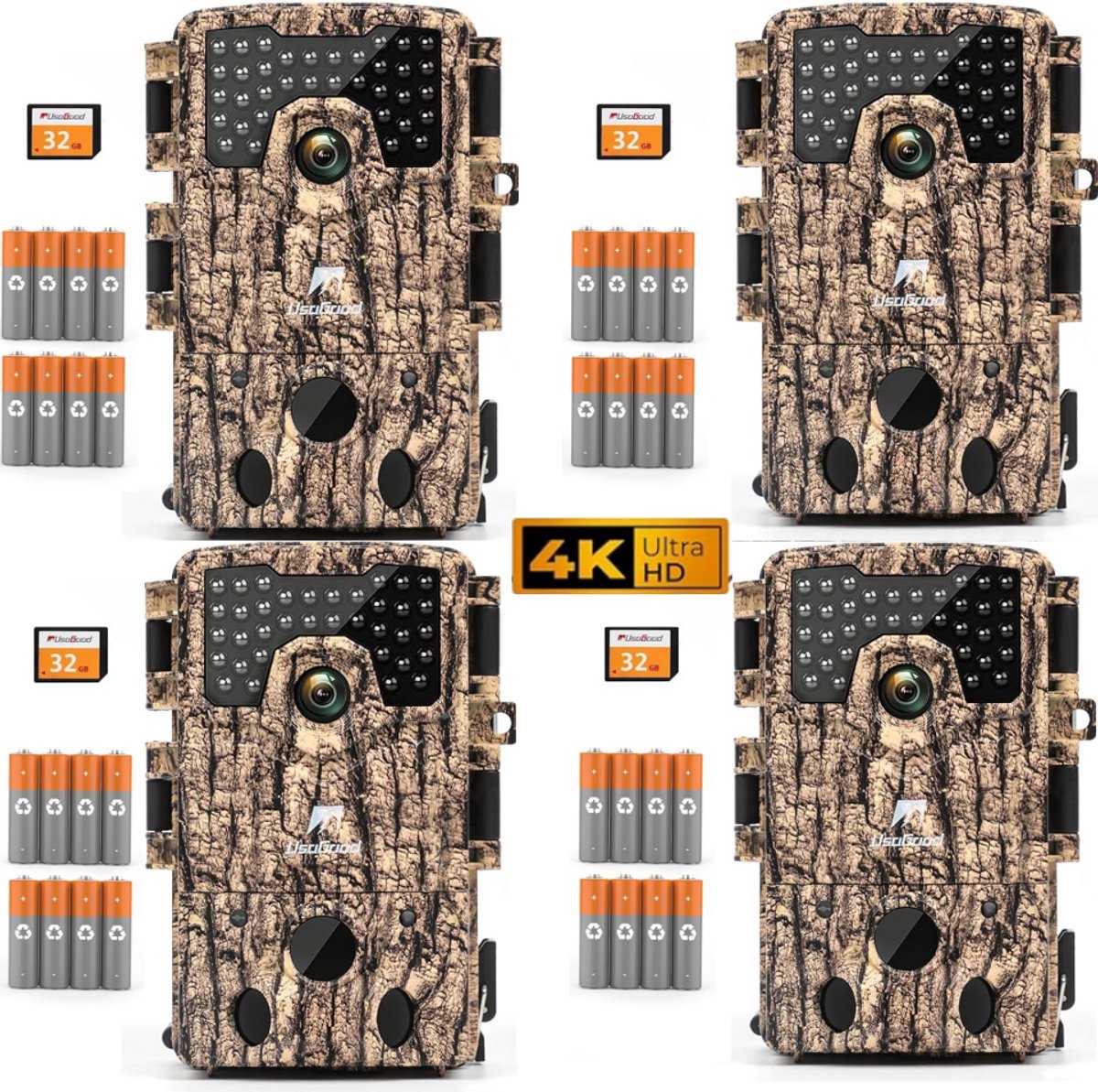 Usogood Wildcamera met Nachtzicht voor Buiten - 4K Ultra HD 48MP - Incl. 32GB SD & 8 Batterijen - 2.0" SchermIncl - Trail Camera - Wildcamera voor Buiten / Wildlife Camera - Geel - 4 Stuks