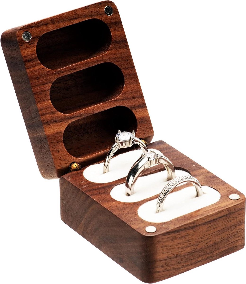 Houten Ringendoos - Juwelendoosje Ring - Cadeau Overhandigen - Drie Ring Sleuven - 6 x 4.8 x 3.8 cm - Walnoot