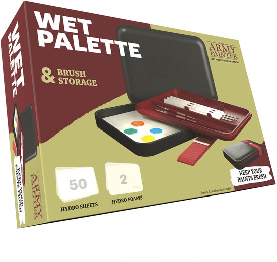 De verpakking van de Army Painter Wet Palette met tekst 'Brush &amp; Storage'.