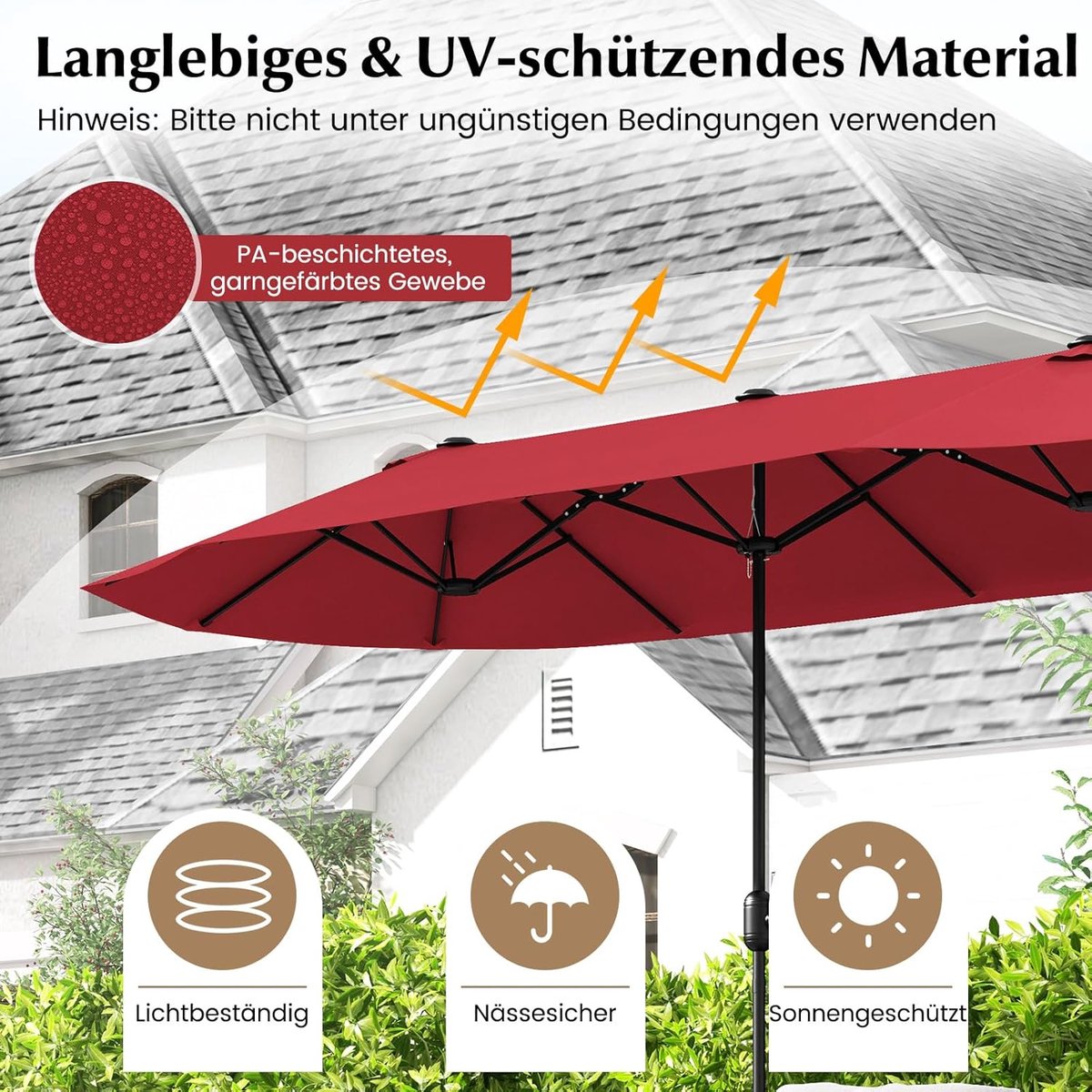 Dubbele Tuinparasol 400x200 cm XXL met Standaard, UPF 50+ UV-Bescherming, Ovaal Design, Windbestendig met 12 Ribben, Zwengelmechanisme, Grote Terrasparasol voor Tuin, Horeca & Zwembad – Wijnrood – Nicolehome