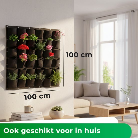 Zwarte verticale tuin van 100x100 cm met 36 vakjes met planten en bloemen, gemonteerd op een witte muur in een woonkamer.