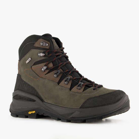 Bruine lage wandelschoen met 'G-Tex' en 'Vibram' logo's, zwarte en grijze accenten, oranje stiksels.