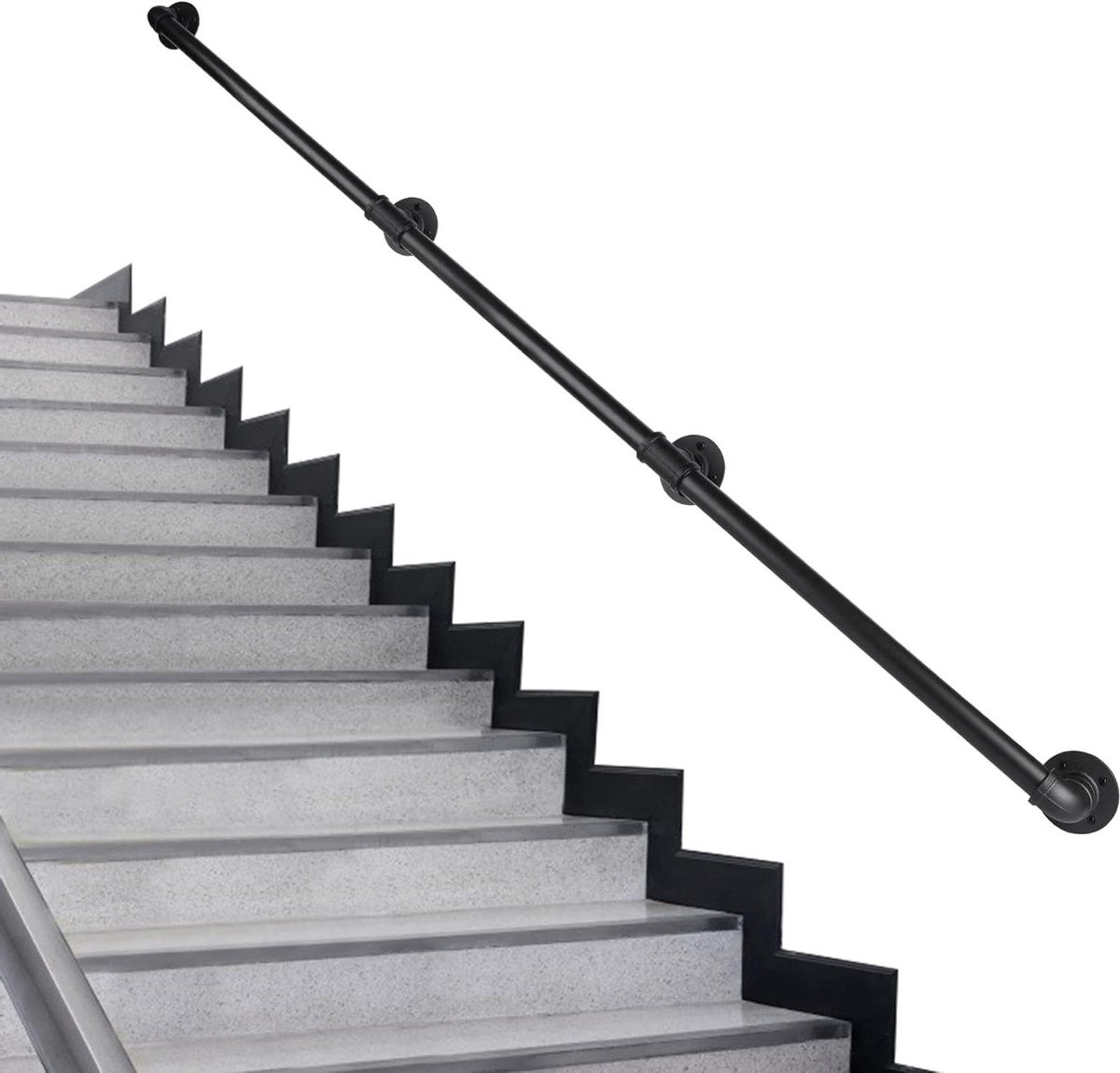 Trapleuning Metaal - Handgreep Steun - Veiligheid Trap - Industriële Stijl - 305 cm - Zwart