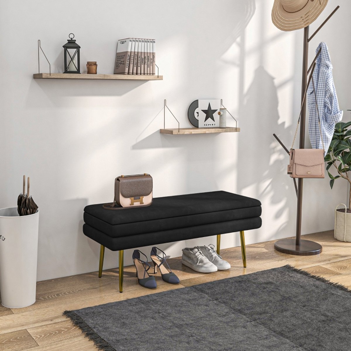 MODFU - Opbergbank - Gevoerd Zitvlak - Met Opbergruimte - Voor Slaapkamer Of Woonkamer - Polyester - Zwart - 100 X 37,5 X 42 Cm
