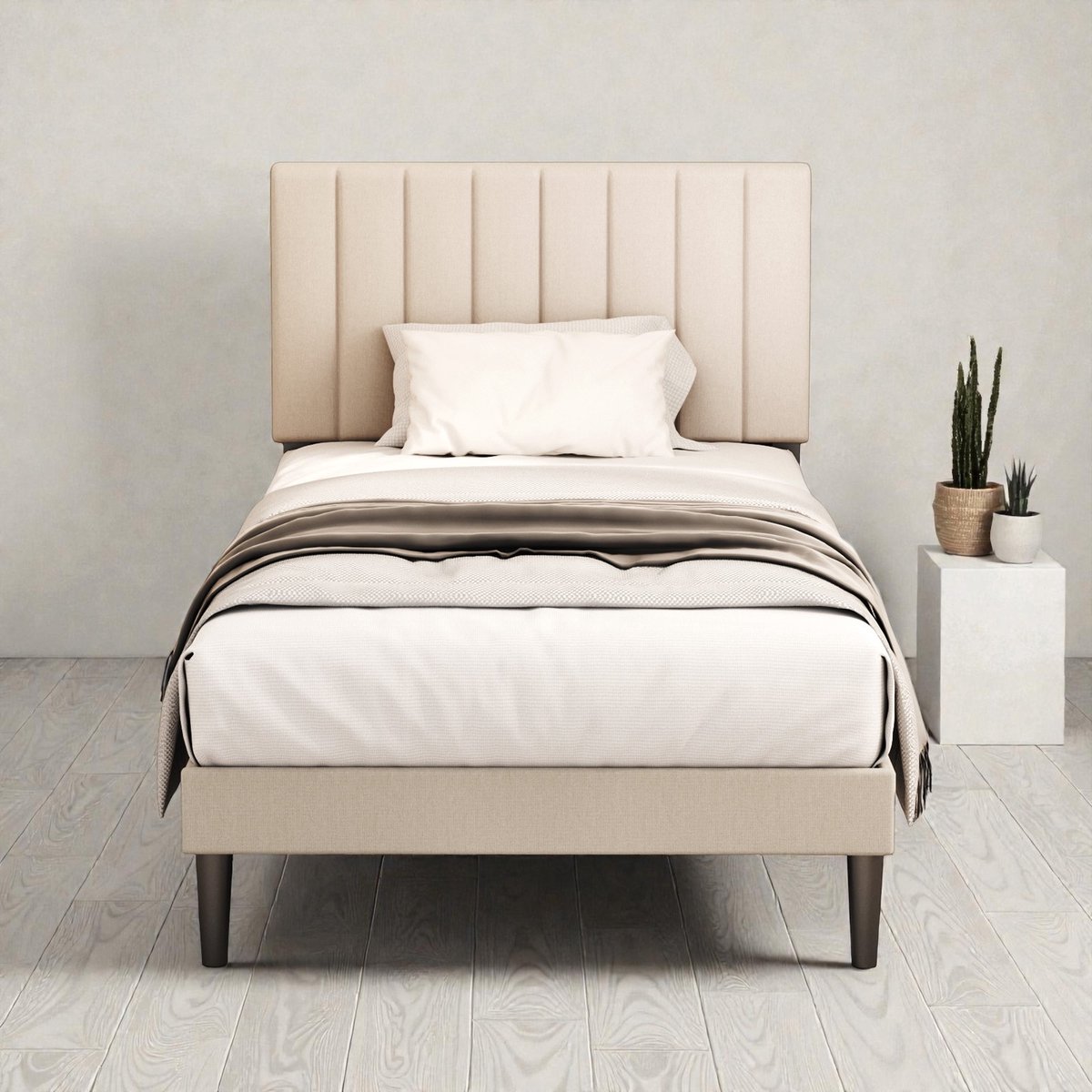 KUTAS Gestoffeerd 90x200 cm - Eenpersoonsbed - Verticale Strepen Stijl - Opbergruimte Onder Het Bed - Inclusief Lattenbodem - Metalen Bedframe - Stevig - Stil - Verstelbaar Hoofdeinde - Grijs