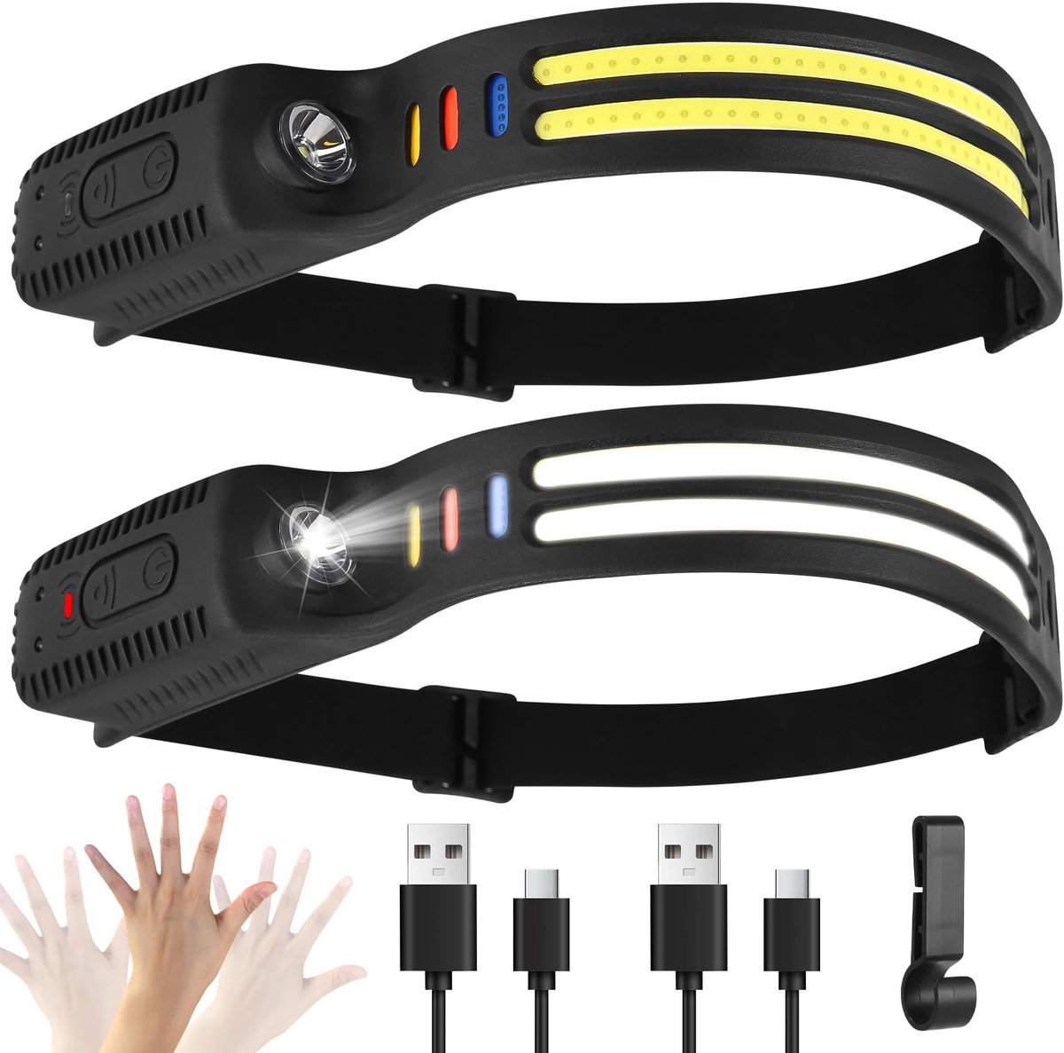 carmdering - Hoofdlamp LED - set van 2 oplaadbare koplampen - 2000 lumen super helder - 9 lichtmodi en sensor - IPX4 waterdicht - voor outdoor en camping