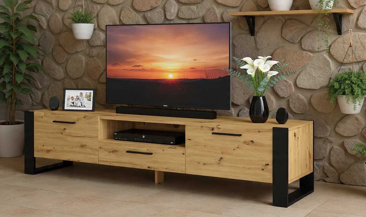 TV meubel 200x43x48 cm – Modern lowboard met 3 deuren & open vak – TV kast met kabeldoorvoer en greeploos design voor 60 inch – Urbanhome