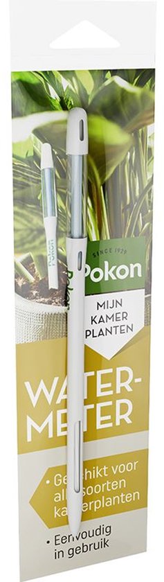Een witte Pokon watermeter in verpakking met plantenafbeelding en tekst 'MIJN KAMER PLANTEN WATER METER'.