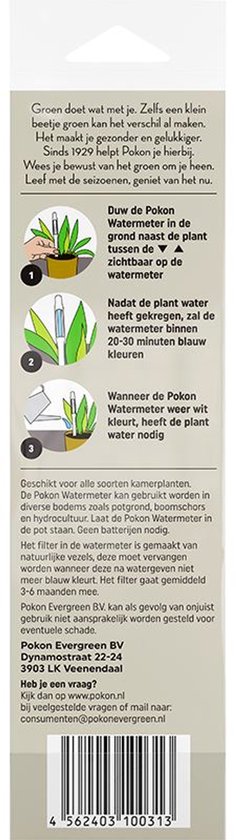 Verpakking met instructies voor de Pokon watermeter, in het Nederlands.
