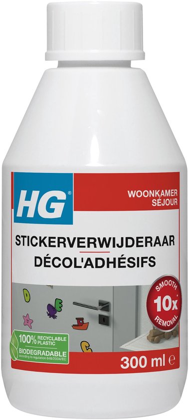Witte fles HG stickerverwijderaar, 300ml. Met rode en blauwe labels.