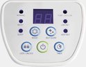 Wit bedieningspaneel met een digitaal display, indicatielampjes en knoppen voor 'Boost', 'Sleep', 'Lock/Unlock', 'Timer', 'Self-Clean'.