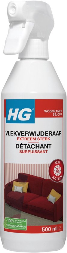 HG vlekverwijderaar extreem sterk met afbeelding van rode bank met gele kussens.