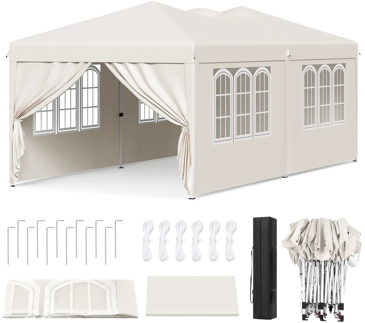 BukkitBow - Opvouwbare Partytent 3x6m - Pop-up Paviljoen met 6 Zijwanden - Beigé