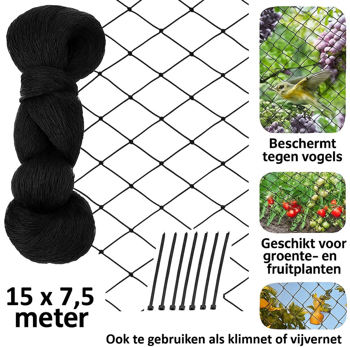 Vogelnet 7,5 x 15 m - Kattengaas en Fruitnet - Vogelgaas tegen Vogels en Duiven - Duivennet voor Balkon, Tuin en Moestuin - Inclusief Bevestiging