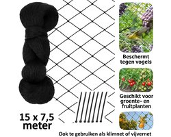 Vogelnet 7,5 x 15 m - Kattengaas en Fruitnet - Vogelgaas tegen Vogels en Duiven - Duivennet voor Balkon, Tuin en Moestuin - Inclusief Bevestiging - Dure keuze
