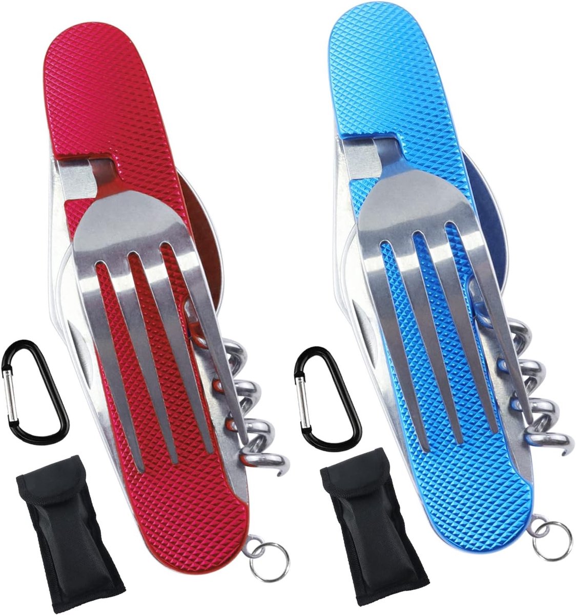 Set van 2 Stuks Camping Bestek, 6-in-1 Multifunctioneel Outdoor Eten Bestek voor Reizen, Kamperen en Picknicken (Mes, Vork, Lepel, Kurkentrekker, Boor, Film)