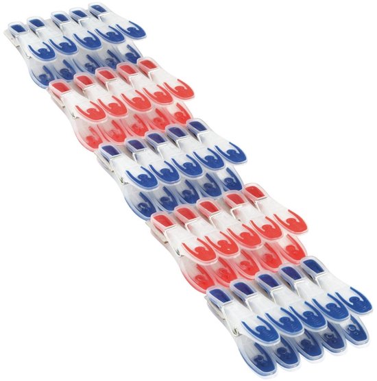 Une rangée de pinces à linge rouges, blanches et bleues.