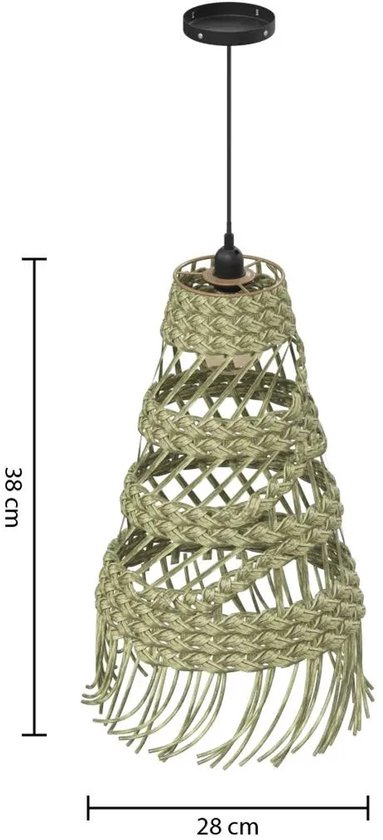 Naturel gekleurde hanglamp van gevlochten raffia, conisch met franjes. Afmetingen: hoogte 38cm, breedte 28cm.