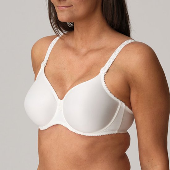 Zijzicht van een witte beugelbeha met decoratieve bandjes