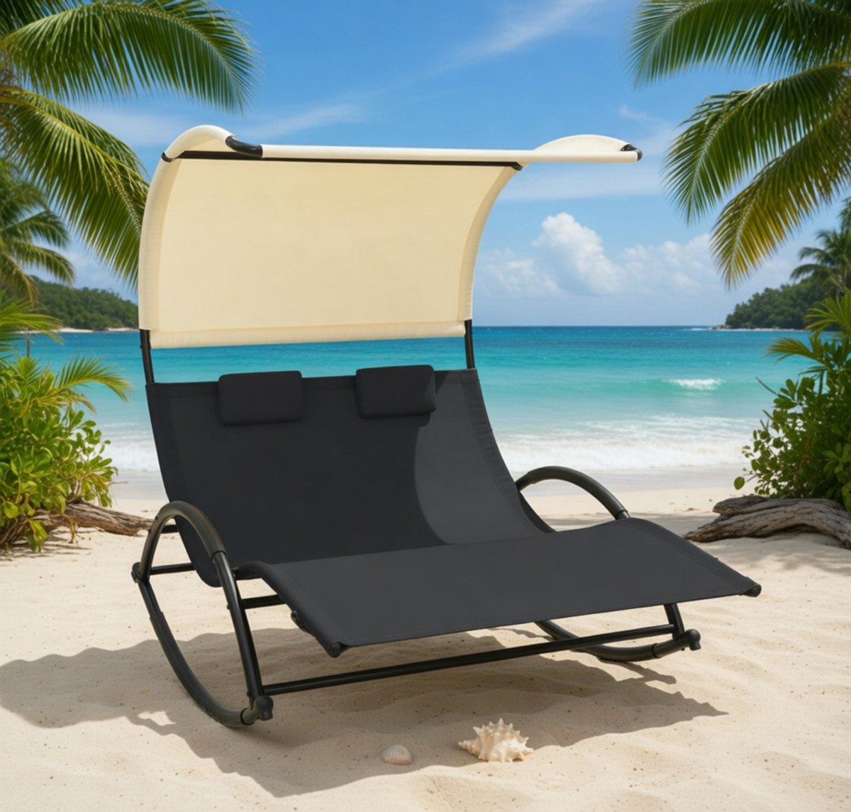 Dubbel Ligbed met Zonnedak 200 x 173 x 135 cm – Luxe 2-Persoons Tuinligstoel / Schommel Ligbed voor Tuin, Terras, Balkon en Strand – Zwart Crème – Nicolehome