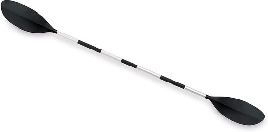 Zwarte peddel met aluminium schacht met zwarte en witte strepen.