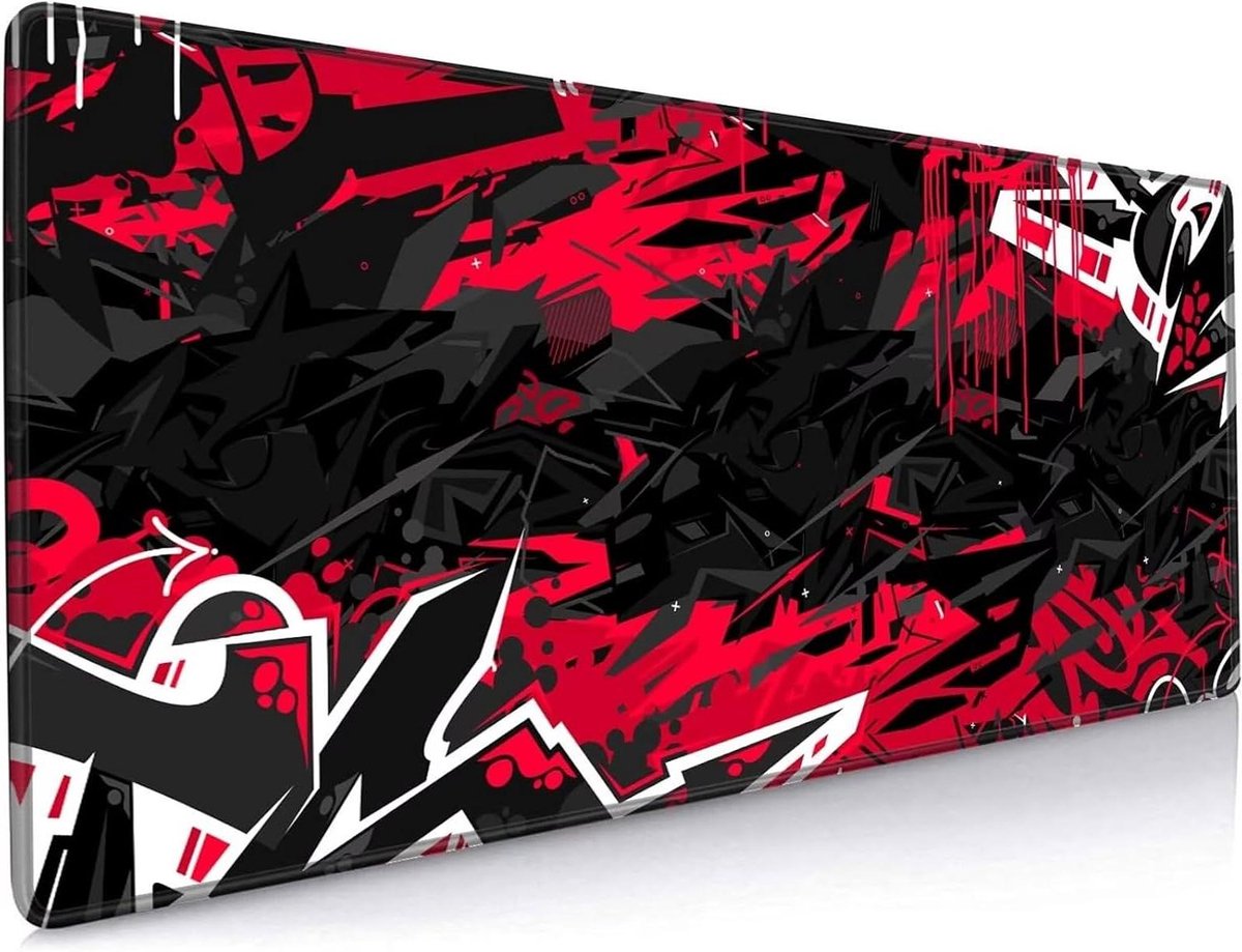 XXL Muismat - Bureauonderlegger Toetsenbordmat - Gaming Kantoorwerk - Rand met Naden - 1200x600x3mm - Abstract Rood Zwart