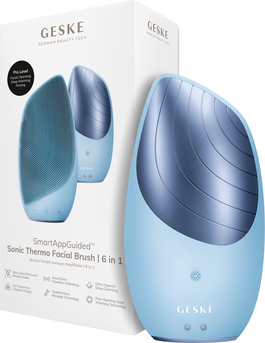 GESKE | SmartAppGuided™ Sonic Thermo Facial Brush | 6 in 1 | Huidreiniging | Reinigingsborstel met warmtefunctie | Gezichtsmassager | Elektrische gezichtsborstel | Apparaat voor gezichtsreiniging