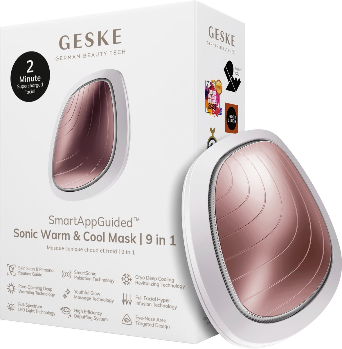 GESKE | SmartAppGuided™ Sonic Warm & Cool Mask | 9 in 1 | Beauty LED-gezichtsmasker | Volledig LED-spectrum en roodlichttherapie | Warmte | Koeling | Verhoogde inname van gezichtsverzorging