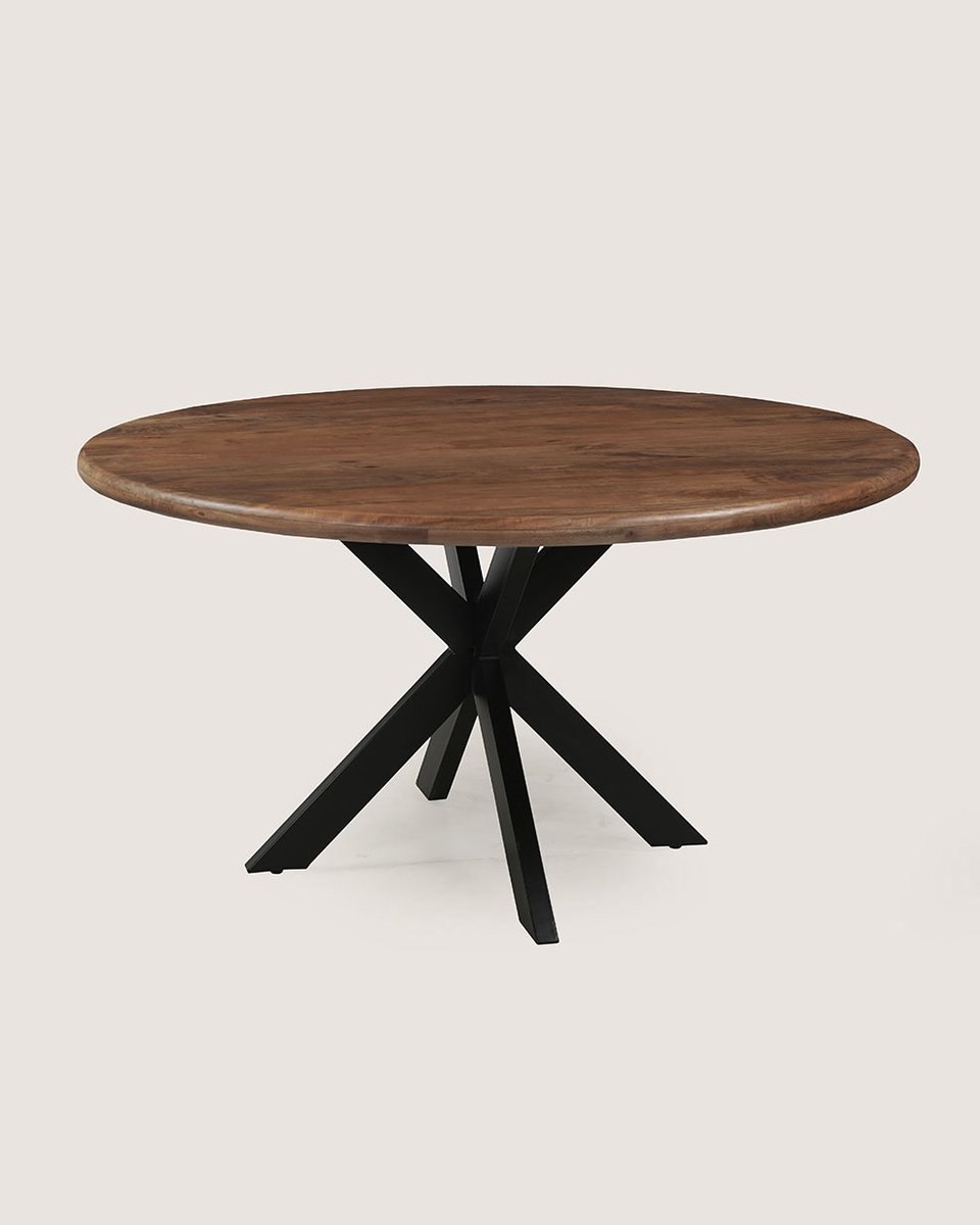Ronde Eettafel 130 cm Mangohout – Bruin – Zwart Metalen Matrix Onderstel – Landelijk – 5-6