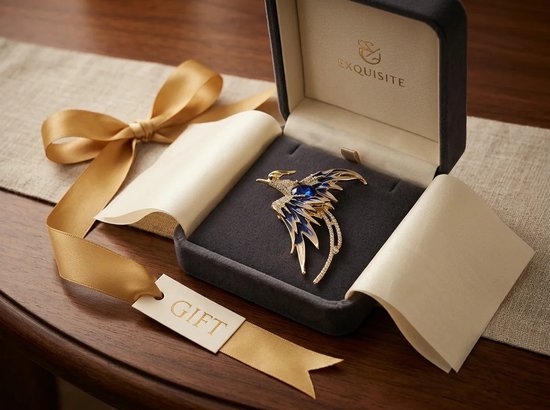 Gouden vogelbroche met blauwe en witte kristallen in een geschenkdoos, met een 'GIFT' label en gouden lint.