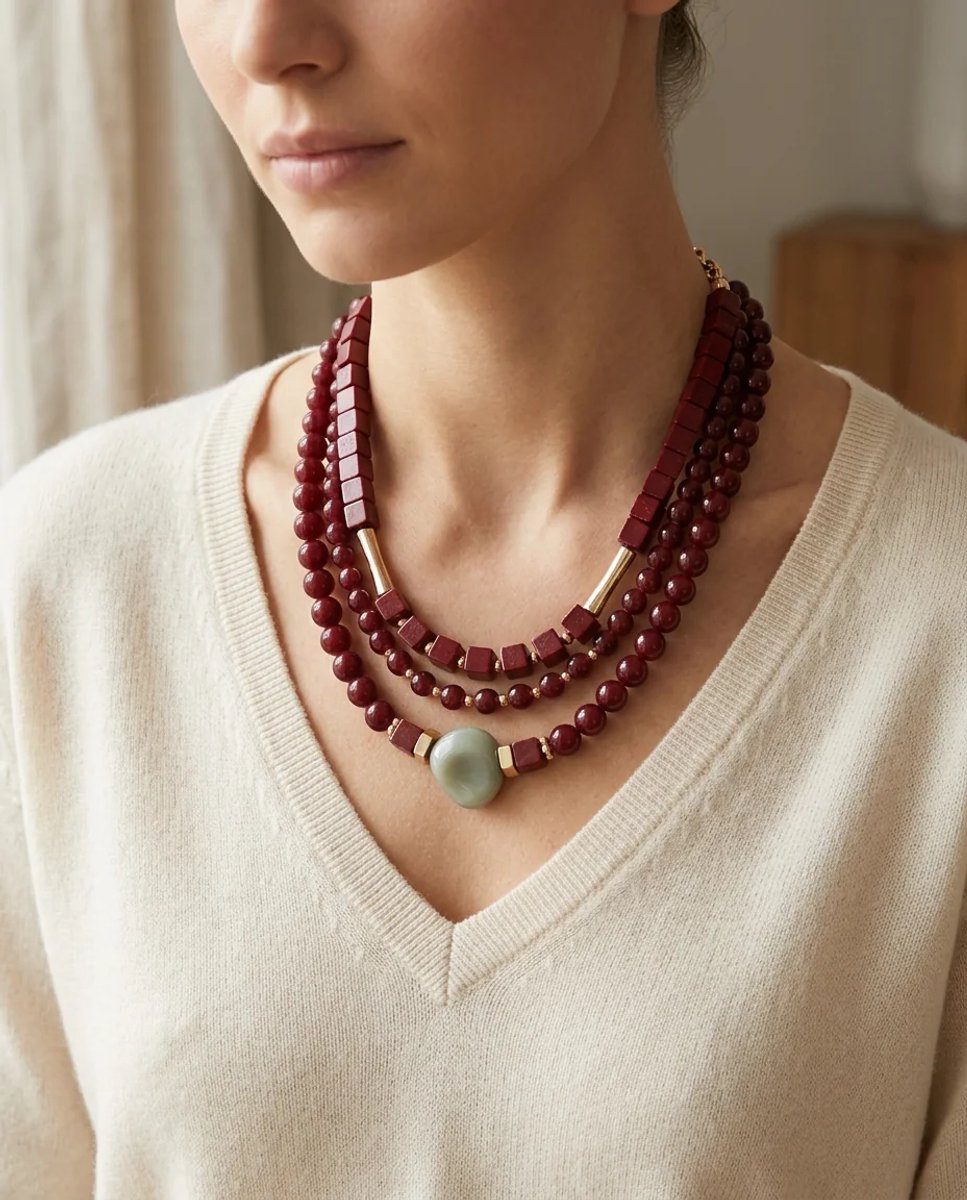 Dorvina Dames Vintage Design Dames Ketting Kombini 3-delig Ketting Akrilik Bordeaux Boncuk Goud Detail