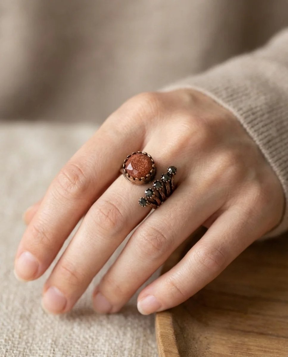Dorvina Bronzen Sieraad Kahrengi Ster Steen Van Voren Verstelbaar Rond Kesim Antiek Vintage Dames Ring