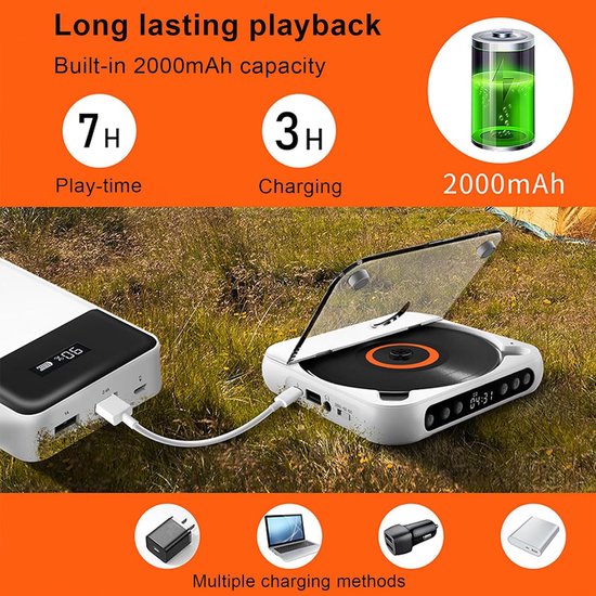 Draagbare cd-speler met Bluetooth 5.3 - wit, 2000 mAh, ondersteunt CD/USB/SD/AUX, voor thuis en reis — afbeelding 2