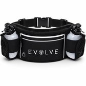 Zwarte sportriem met "EVOLVE" logo en twee flessen, een op een witte achtergrond.