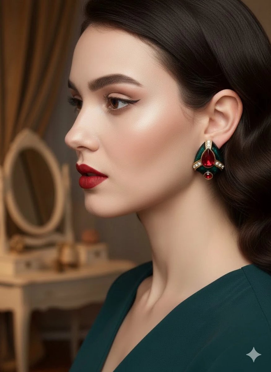 Dorvina Messing Groen Rood Goud Detail Marka Model Vintage Red Eyes Dames Oorbellen