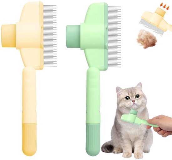 Gele en groene dierenborstels, met een grijze kat.