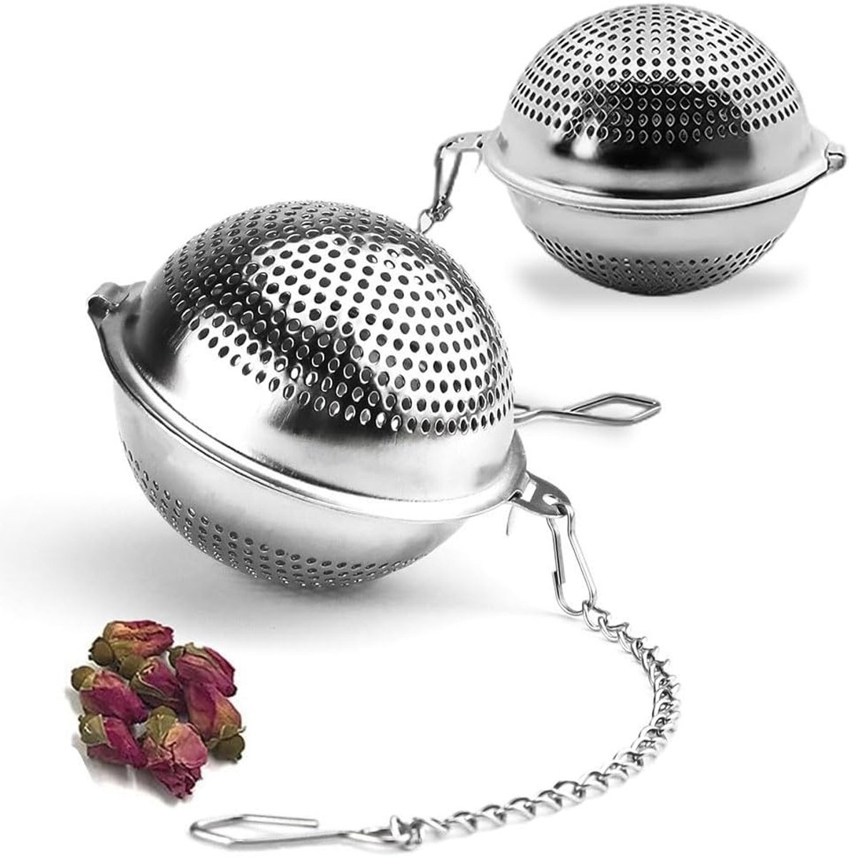 2 Stuks Theefilter Ballen met Kettingen - RVS Thee Infuser 4.5 cm, Herbruikbare Theefilter voor Losse Thee, Kruidige Melanges en Specerijen, Vaatwasmachinebestendig