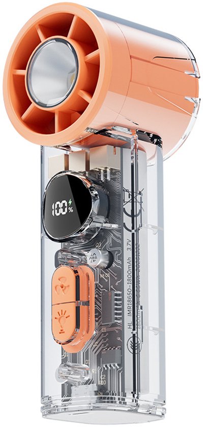 Mini handventilator oranje, 100 snelheden verstelbaar, USB-C oplaadbaar, borstelloze motor, stil, LED-display, SOS-licht