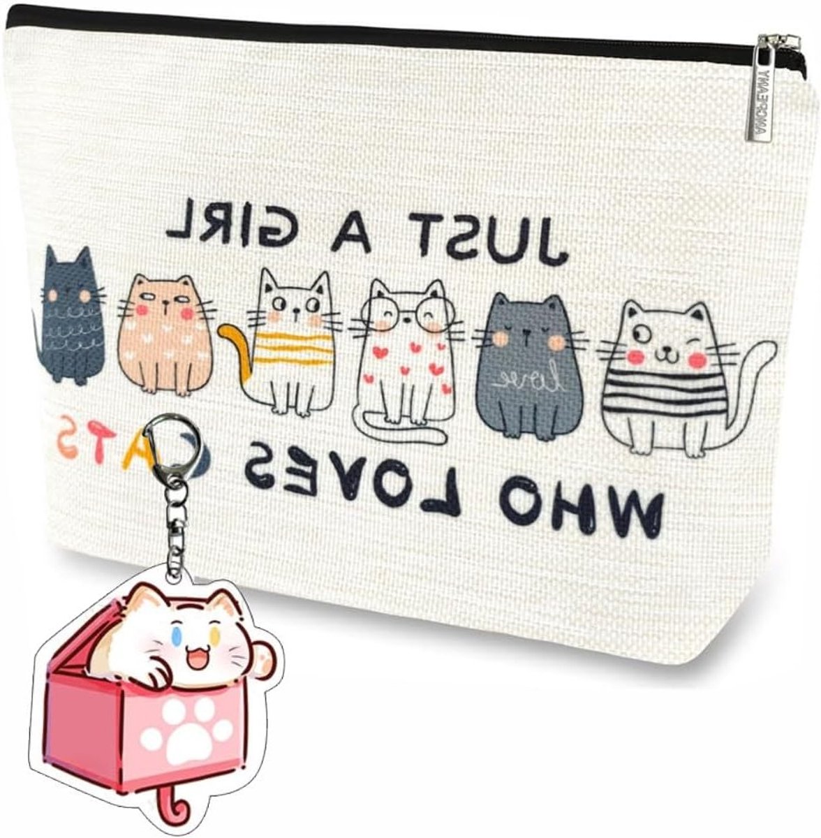 Cosmetica Tas voor Vrouwen en Meisjes, Reistas met Sleutelhanger, Make-up Tas voor Kat Liefhebbers, Beige en Modebewust