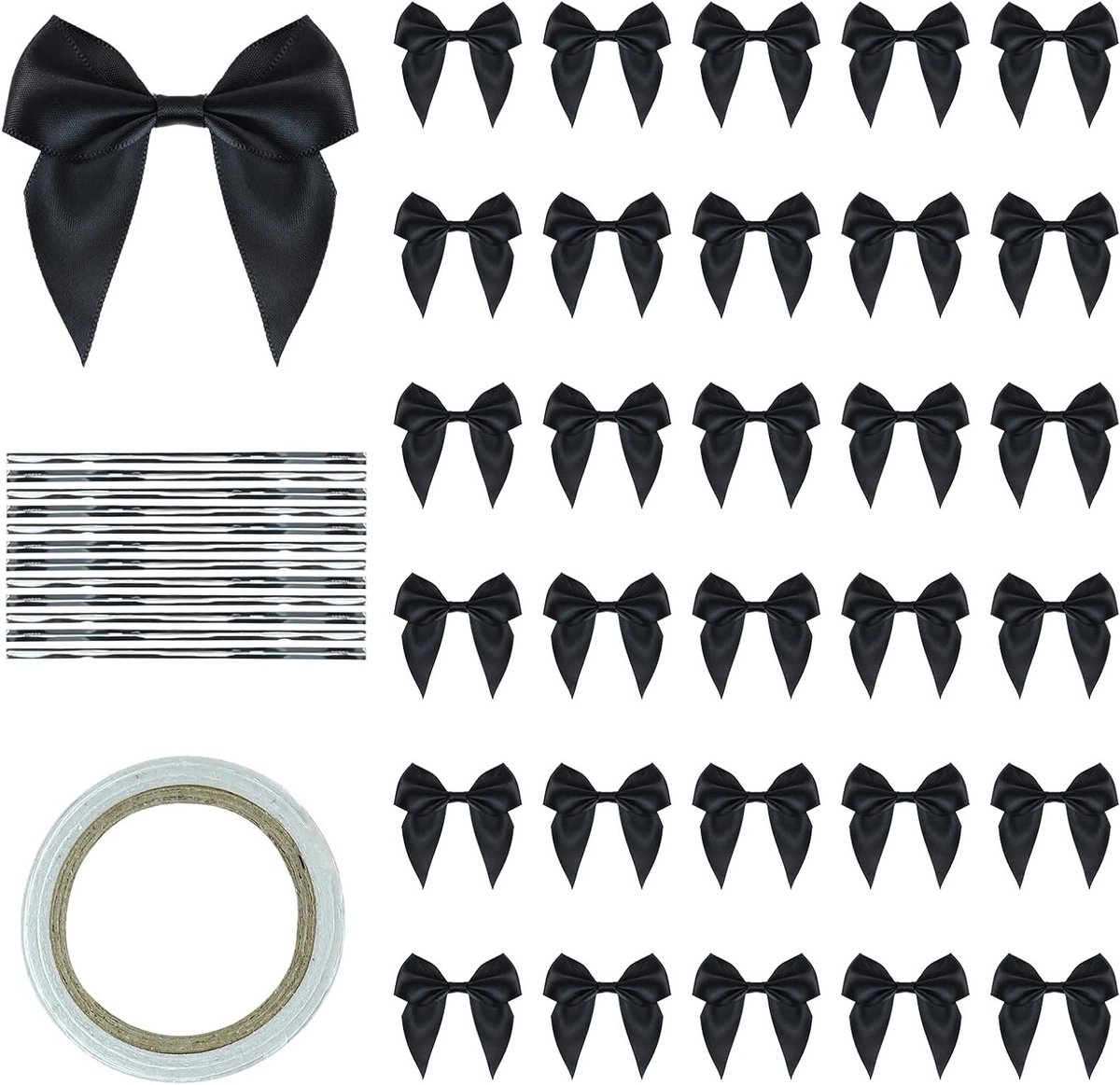 Kleine satijnen strikjes, 30 stuks, 7 cm x 7 cm, met dubbelzijdige tape en cadeau-ribbon voor het versieren van kerstcadeaus, productverpakking en feestdecoratie, zwart, eenvoudig