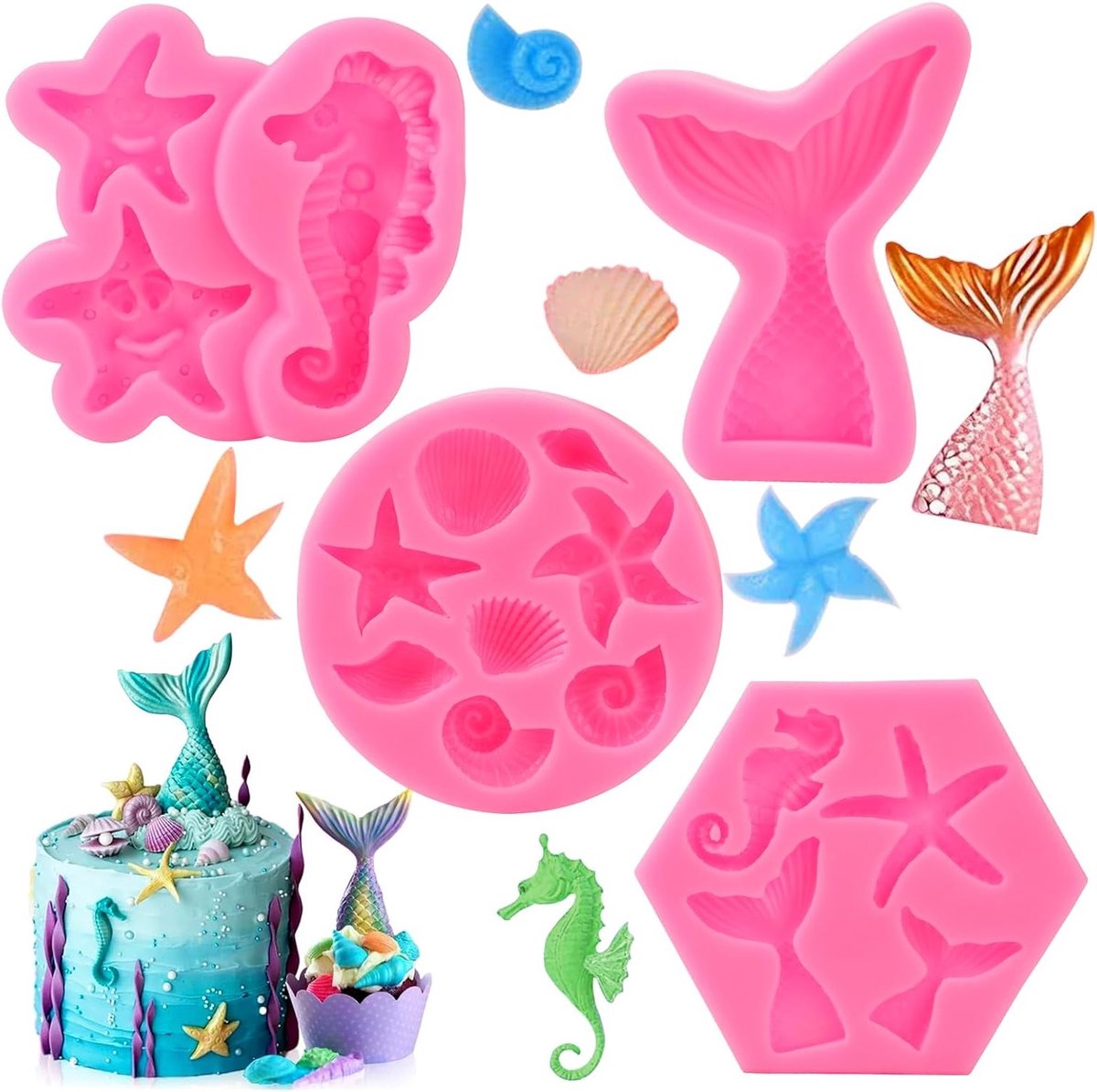 4 Stuks Siliconen Mallen voor Zeemeermin en Oceaan Dieren, 3D Bakvormen voor Taart, Chocolade en Snoep, Creatieve DIY Mallen voor Feestjes