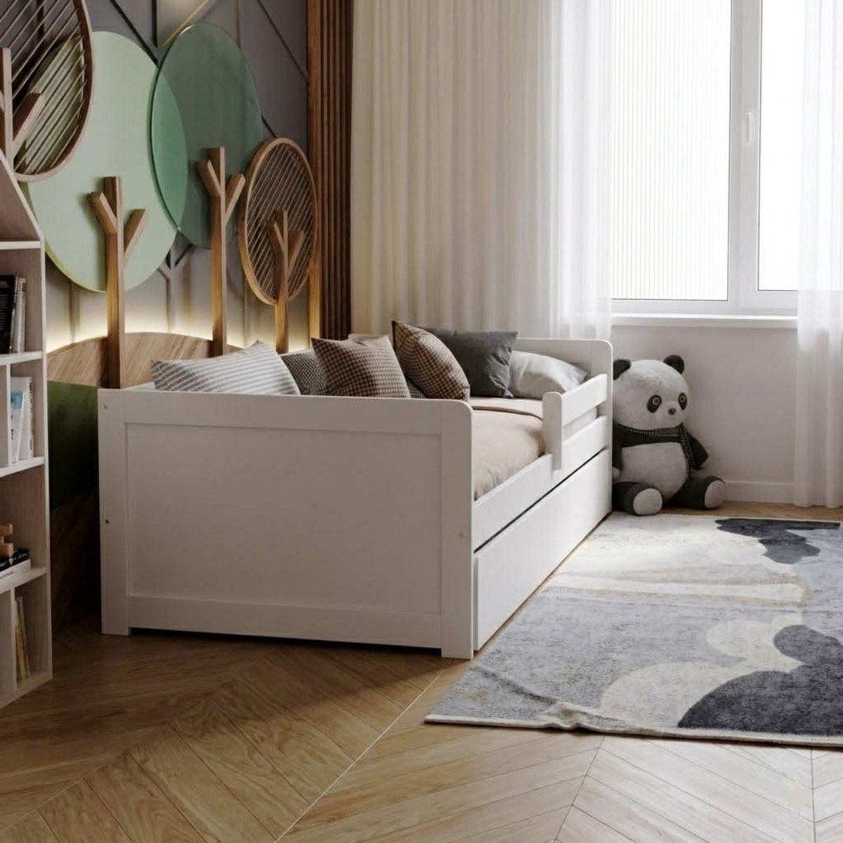 Kinderbed 160x80 met Lade en Matras – Veilig Montessori Bed met Uitvalbeveiliging & Wielen – Wit Houten Kinderbed Frame – Vermissen