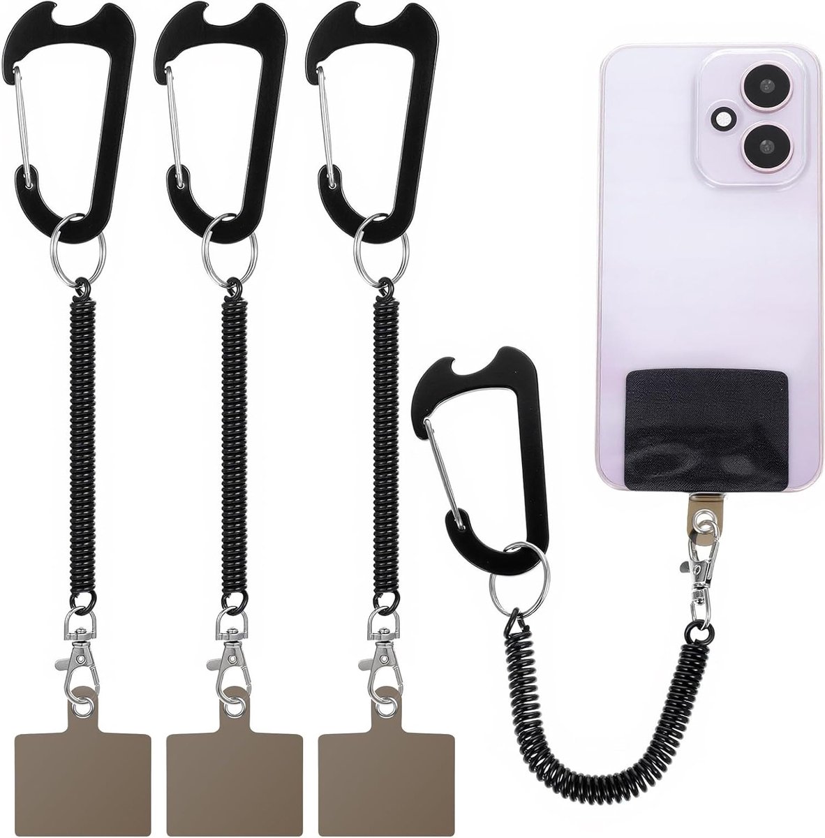 4 Stuks Mobiele Telefoonlijn, Diefstalbeveiliging, Flexibele Spiraalkabel, Universele Telefoonriem voor Buitenactiviteiten en Wandelen, Zwart met Patches