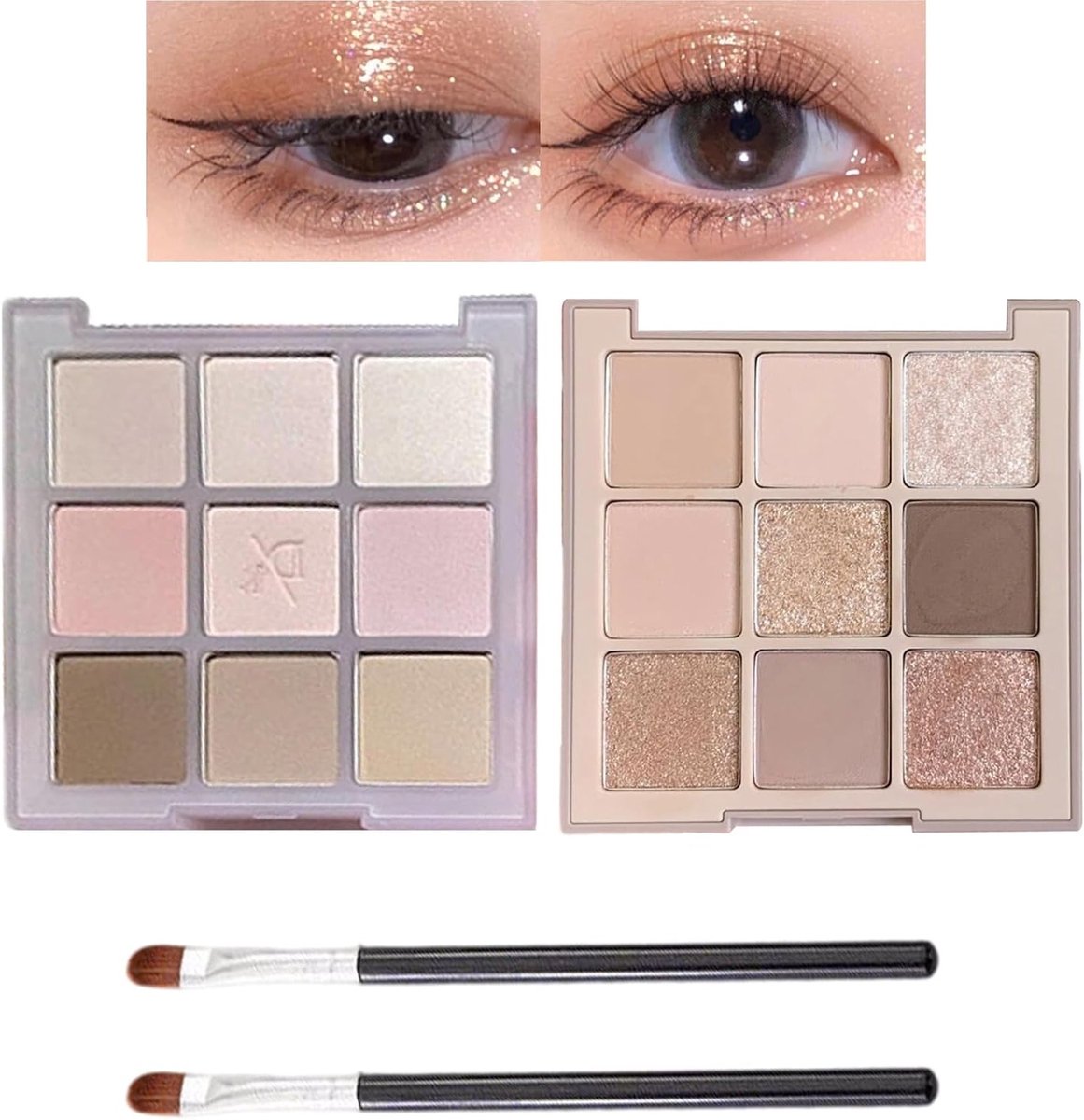 Oogschaduwpaletten met make-upkwasten, matte en glanzende kleuren, waterdicht en langdurig, perfect voor dagelijkse looks en speciale gelegenheden in nude en bruin