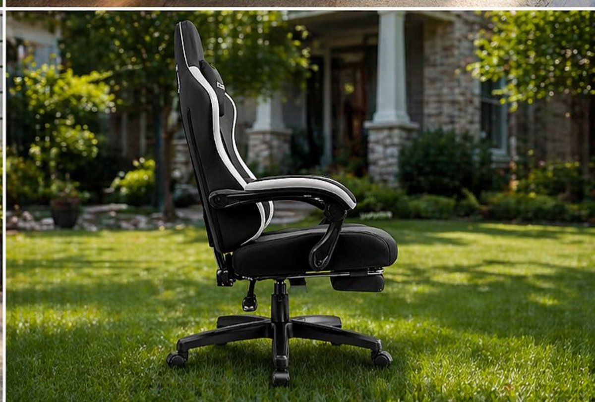 Gaming Stoel Ergonomisch met Voetensteun en Verstelbare Rugleuning 55x51x130 cm – Stoffen Gaming Chair met Pocketvering, Ademend Design en Verbindende Armleuningen – Donker Zwart – Vermissen