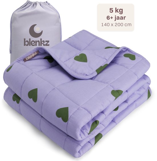 BLENKZ Verzwaringsdeken Kind 5kg – 140x200 – Hartjes paars groen – Voor kinderen vanaf ±6 jaar en tieners – Verzwaringsdeken 1-persoons – Zwaartedeken
