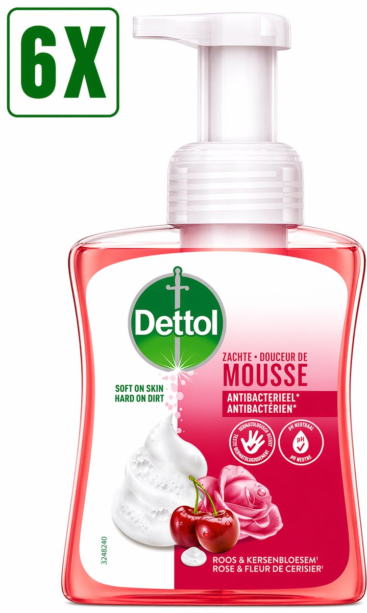 6 x Dettol Handzeep Zachte Mousse - Antibacterieel - Roos & Kersenbloesem - 250 ml