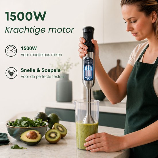 Savoré Kitchen Staafmixer Pro+ 1500W – Mixer Set met Hakmolen 600ml, Garde, Melkopschuimer en Maatbeker – 5 Snelheden – 6 Messen – RVS