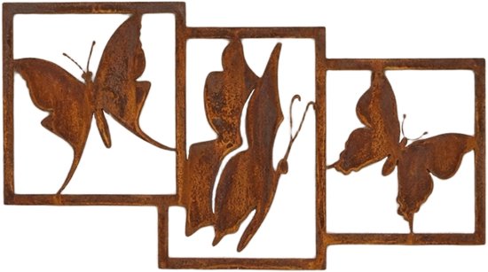 Décoration murale en acier Corten rouille avec trois papillons, chacun dans son propre cadre carré.