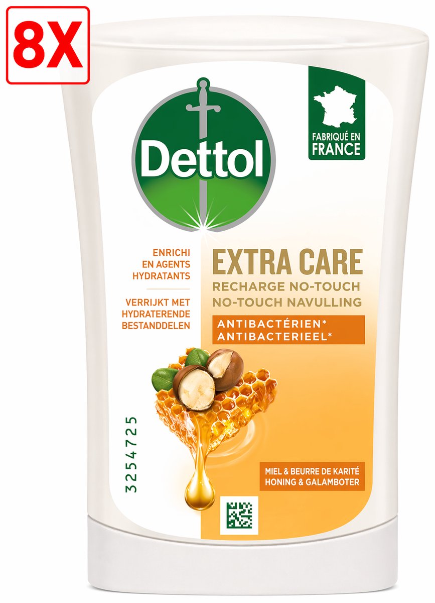 8 x Dettol - Handzeep - No-Touch Navulling - Honing & Galamboter - Antibacterieel - 250ml